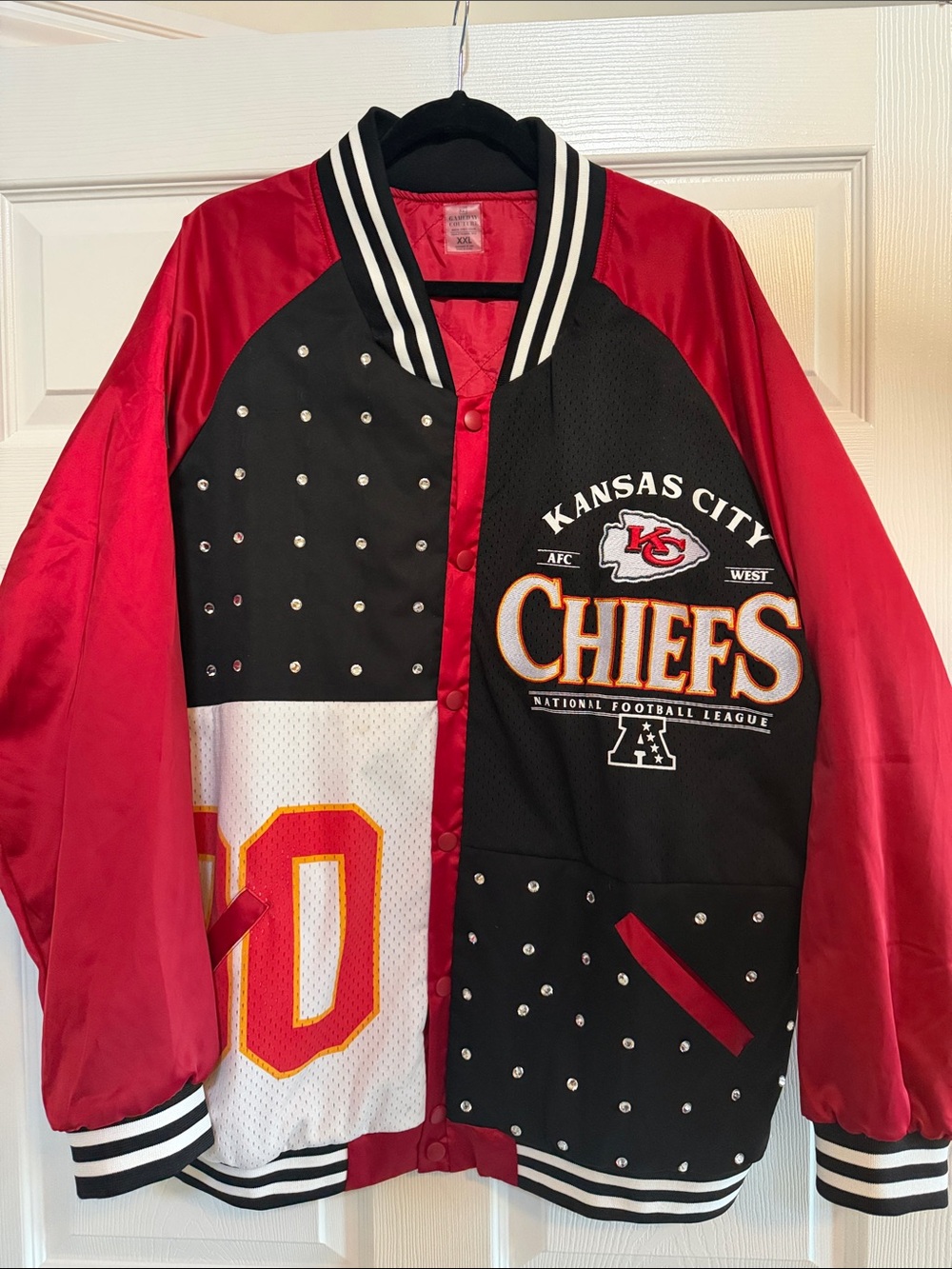 Kansas City Chiefs Gameday Couture Satin Varsity Patchwork Bling Jacket XXL